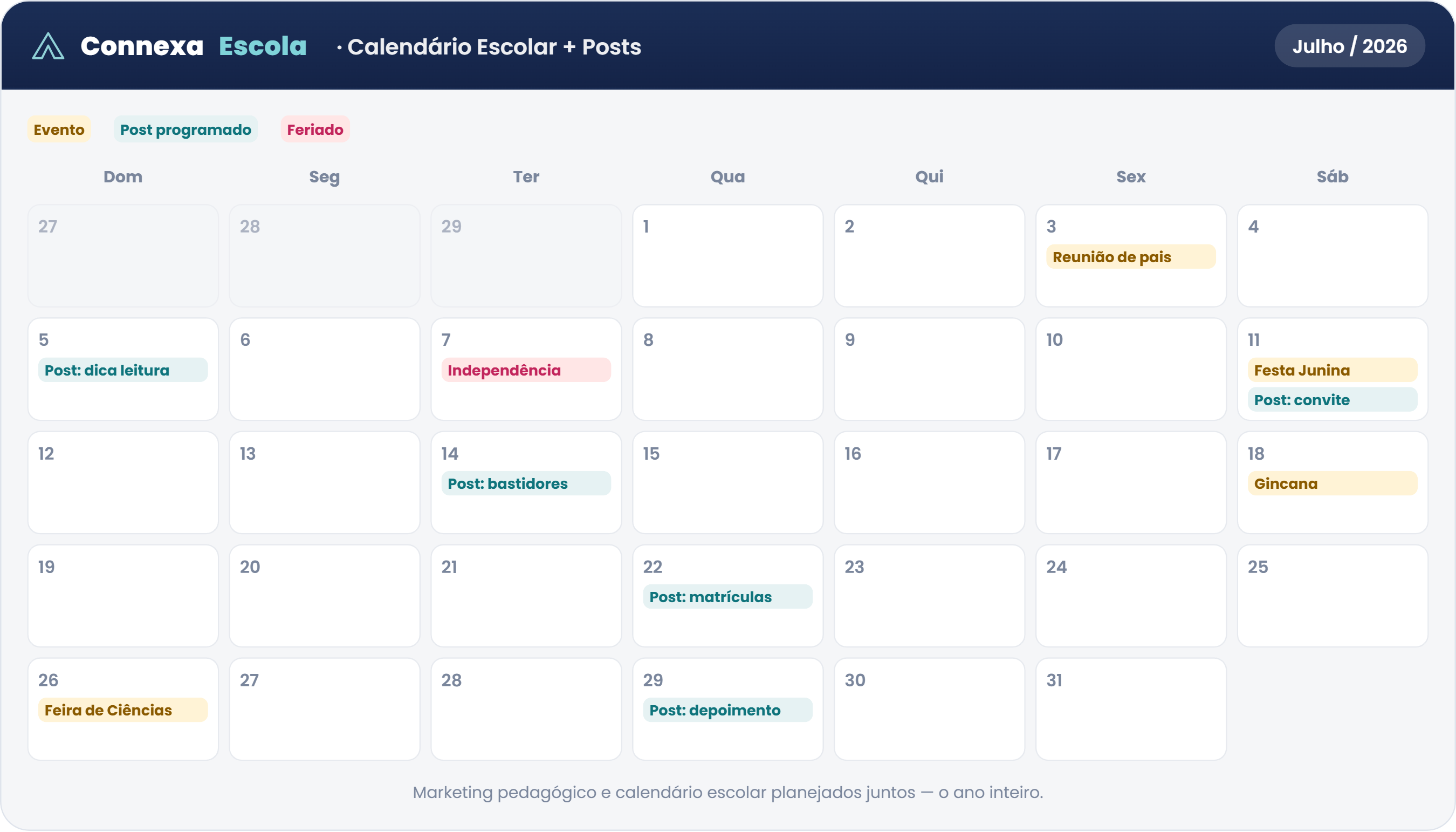 Calendário escolar e de marketing